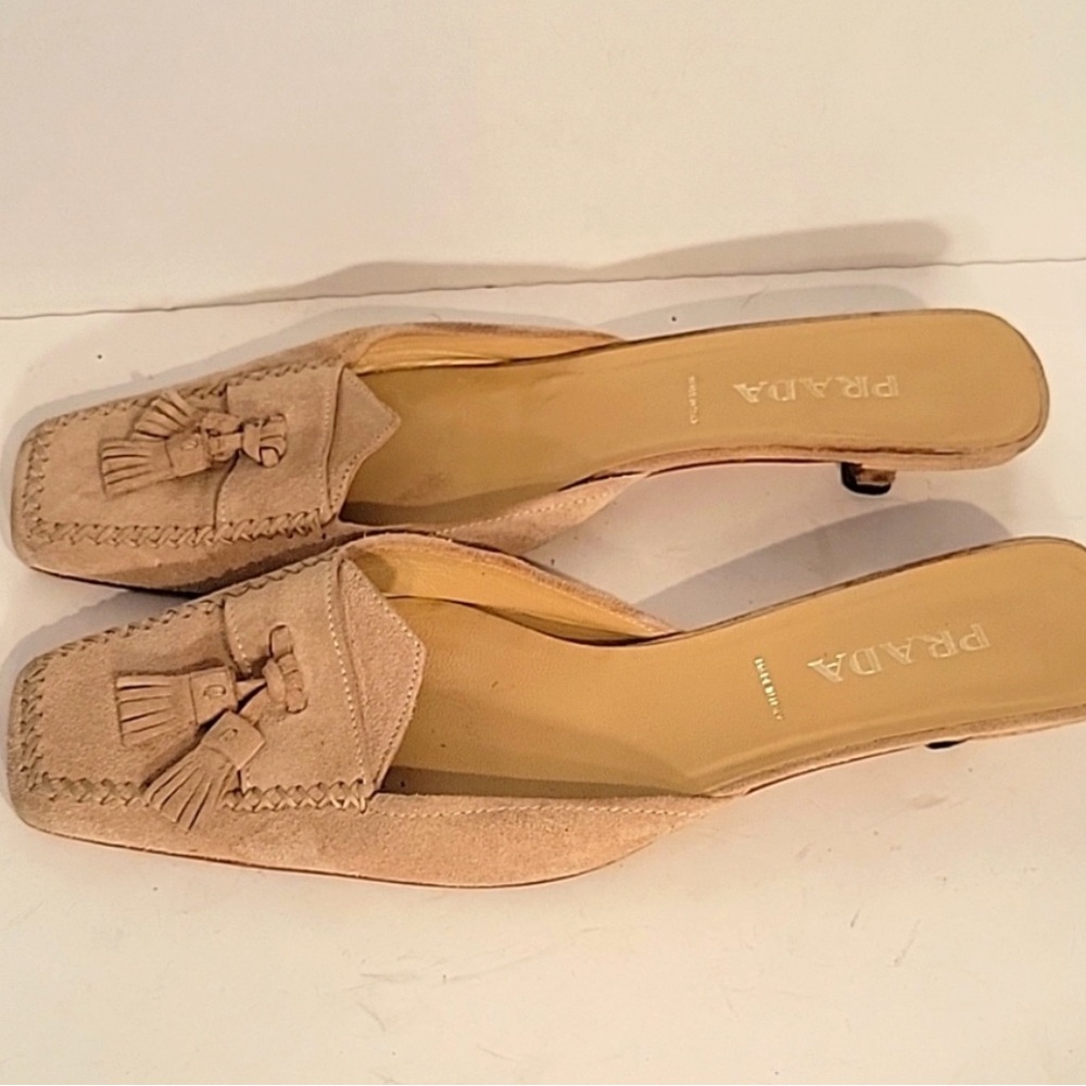 Prada Women's Beige Suede Tassel Mules